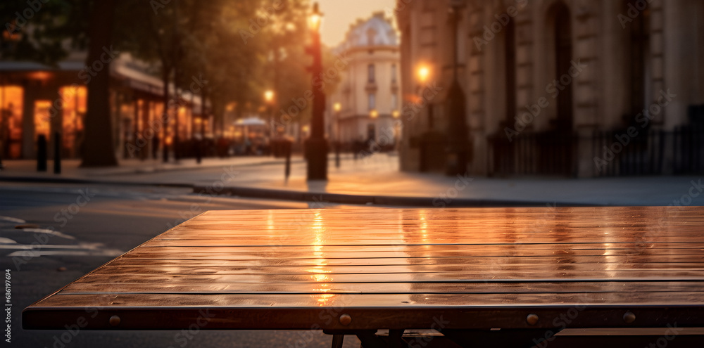 empty wooden table, city view, city background, blurred golden lights, free space, evening city, date night