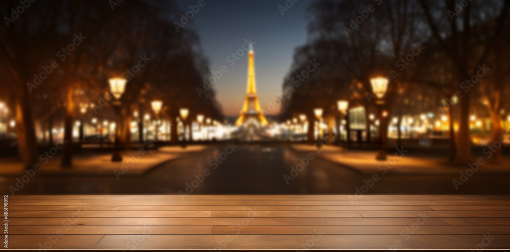 empty wooden table, city view, city background, blurred golden lights, free space, evening city, date night