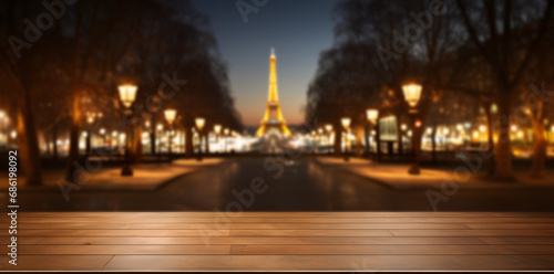 empty wooden table, city view, city background, blurred golden lights, free space, evening city, date night © elina