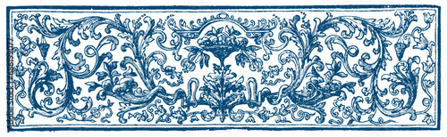 Indigo Floral Engraving Border. Hand Drawn Vector Outline, Graphic, Line Art. Vintage Baroque Ornament Frame. Modern Style. Antique Botanical Retro. Victorian Frame Border. Navy Blue. Medieval Stamp