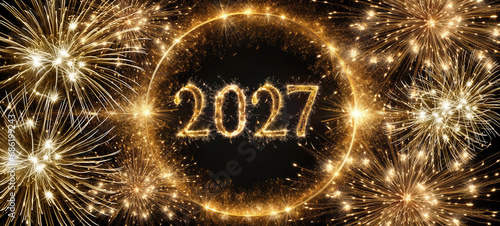 Wallpaper Mural Happy New Year 2027, New Year's Eve firework silvester sparkler party holiday greeting card with year, illustration - Gold fireworks, sparklers and golden bokeh lights on dark night sky background Torontodigital.ca