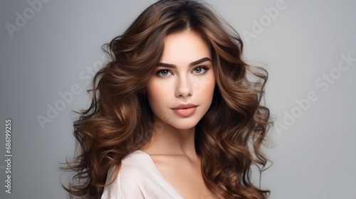 Portrait of young pretty woman natural beauty brown volume hairstyle on background, white background