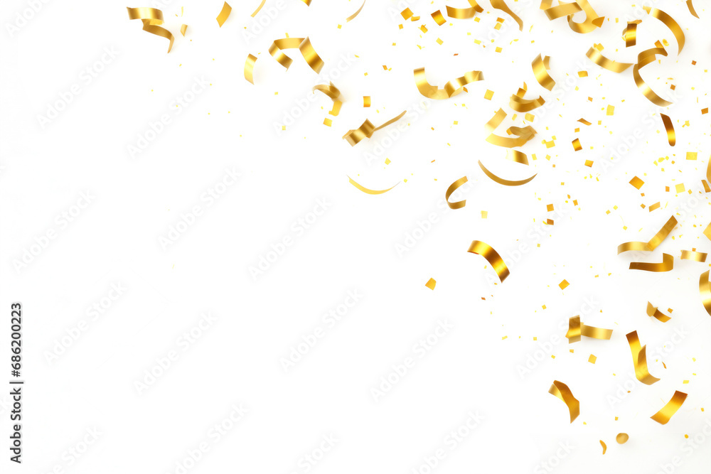 Gold confetti falling down in front of a white background Gold confetti falling down in front of a white background