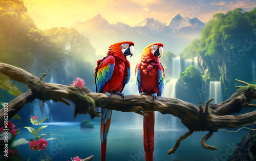 two parrots sitting on a branch photo