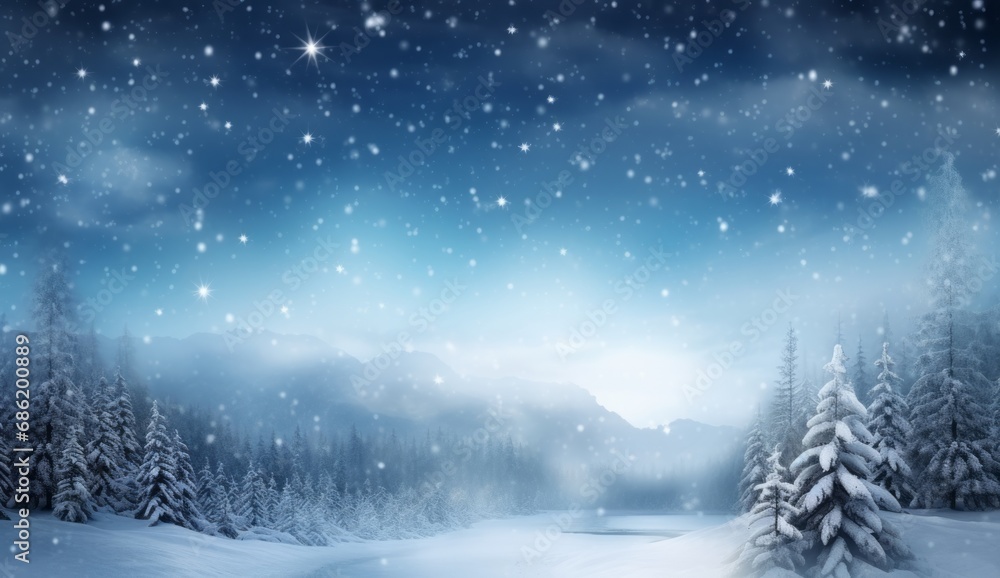 Winter snow scenes with a beautiful starry sky and lots of snow falls