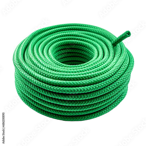 A plastic rope of green color is coiled and placed isolated on transparent background