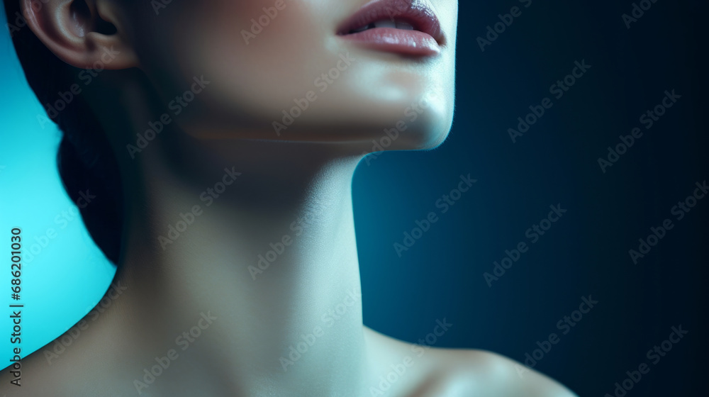 Fototapeta premium Woman, beauty and neck closeup portrait of a female collarbone for plastic surgery, treatment and anti-aging product. Youth, natural and studio shot of person body for healthy skincare and cosmetics