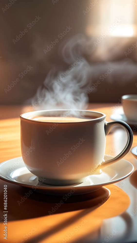Coffee cup with steam on wooden table in morning sunlight.
