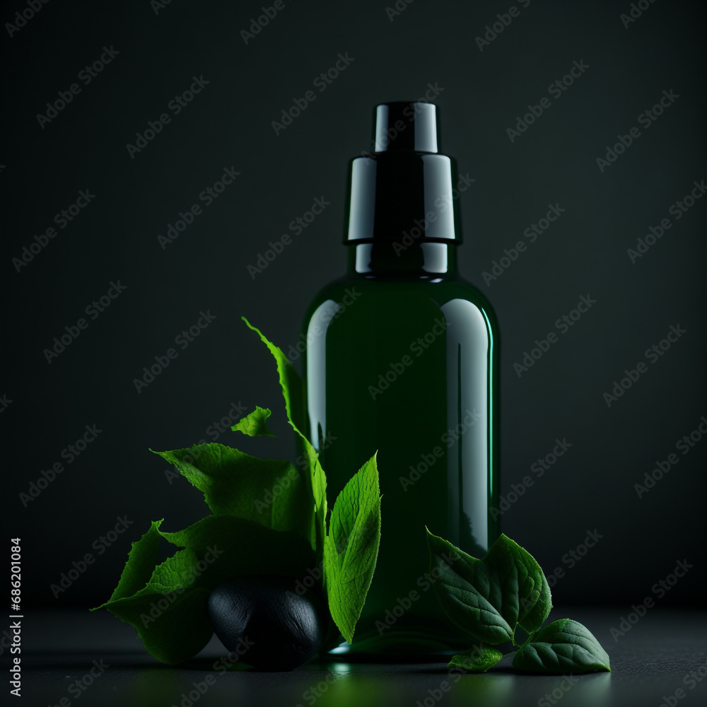 branding and product presentation, natural cosmetics, green plant, eco friendly in dark background branding and product presentation, natural cosmetics, green plant, eco friendly in dark background