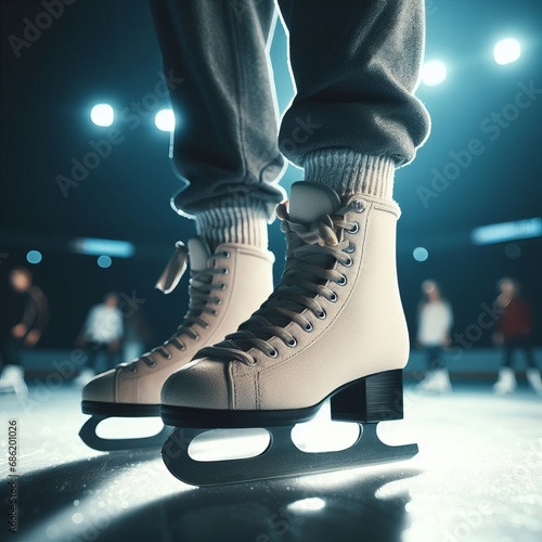 A low-angle shot captures a pair of ice skates on a rink, with the background blurred to focus on the skates. photo