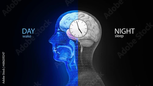 The circadian rhythm and sleep-wake cycle: how exposure to sunlight regulates melatonin secretion in the human brain and body processes, 3d render animation photo