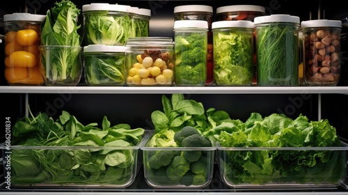 Lots of green food on the shelves of the fridge photo