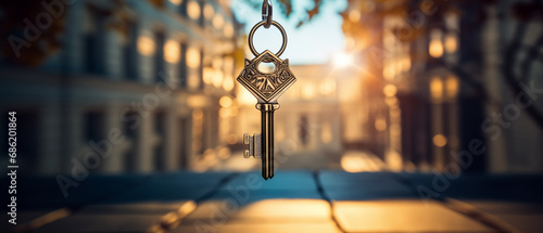 A key hanging at the front with a modern country private house in the background. Concept of real estate, moving, or first home buyers © Shafay