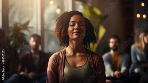 Group, diverse and meditation in a studio for mindfulness practise and lotus spirituality. Calm people, deep breathing or religion for mental health, zen, and stress free lifestyle for burnout relief photo