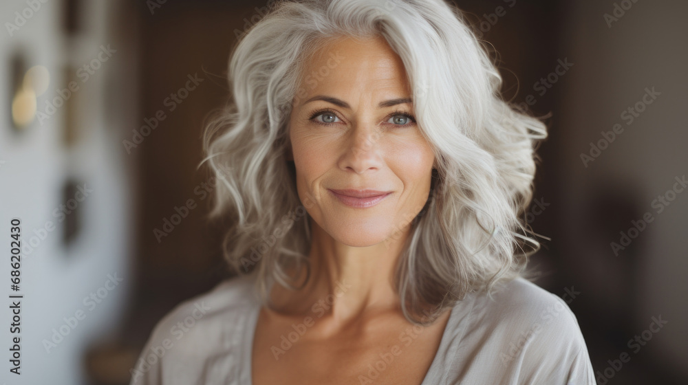 Beautiful aged mature woman with healthy face skin, grey hair and happy smile on light interior background. Skin care, natural beauty, cosmetology concept. - obrazy, fototapety, plakaty 