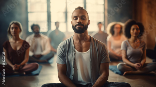 Group, diverse and meditation in a studio for mindfulness practise and lotus spirituality. Calm people, deep breathing or religion for mental health, zen, and stress free lifestyle for burnout relief photo