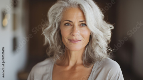 Beautiful aged mature woman with healthy face skin, grey hair and happy smile on light interior background. Skin care, natural beauty, cosmetology concept.