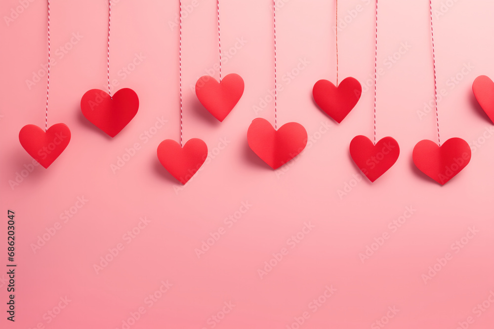 Red paper hearts hanging on a pink background