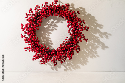 Red berry holiday wreath on white plaster 
wall photo