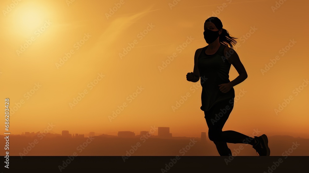 silhouette of a woman jogging alone in a mask