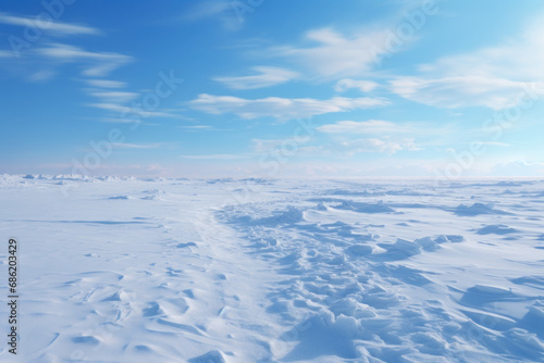 A vast expanse of snow-covered plains  depicting the serene beauty of winter s embrace. Concept of snowy landscapes and quiet isolation. Generative Ai.