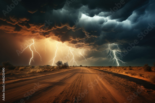 A dynamic lightning storm illuminating a desert sky, showcasing the intersection of arid environments and atmospheric drama. Concept of desert storms and electrifying displays. Generative Ai.