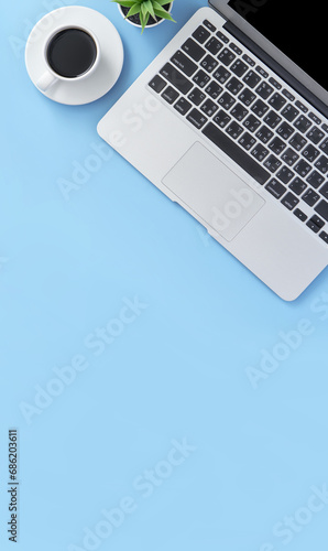 Business concept, relaxation in working time, drinking coffee taking a break on clean light blue office table, copy space, flat lay, top view, mockup