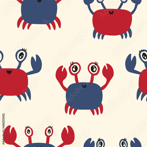 Cute colored childish seamless repeating simple flat pattern with crabs and plants in Scandinavian style. Pattern for kids with crabs. Sea ocean. Underwater world.