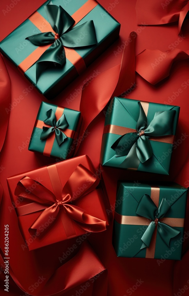 a gift box in the shape of a ribbon is on a red and black silk background a gift box in the shape of a ribbon is on a red and black silk background