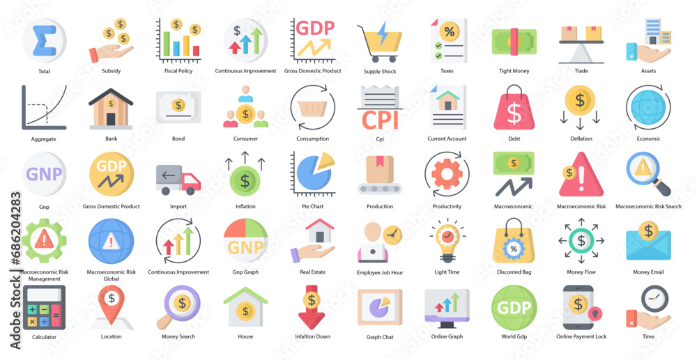 Macroeconomy Flat Icons Economy Financial Assets Iconset 50 Vector Icons - obrazy, fototapety, plakaty 