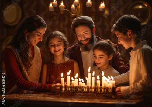 a family lights candles at a dinner table