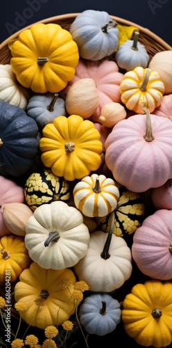 a group of colored pumpkins are sitting near each other