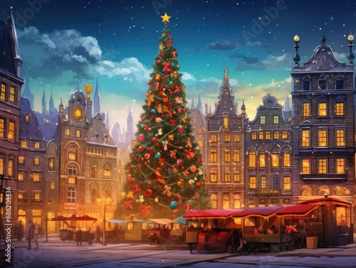 a lit up christmas tree and other decorations surround buildings in the chris...