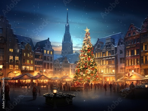 a lit up christmas tree and other decorations surround buildings in the chris...