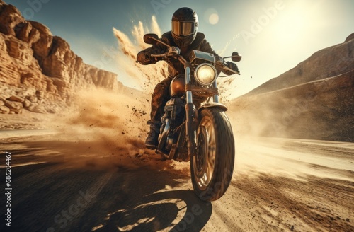 a black man riding a motorcycle down a dirt road © olegganko