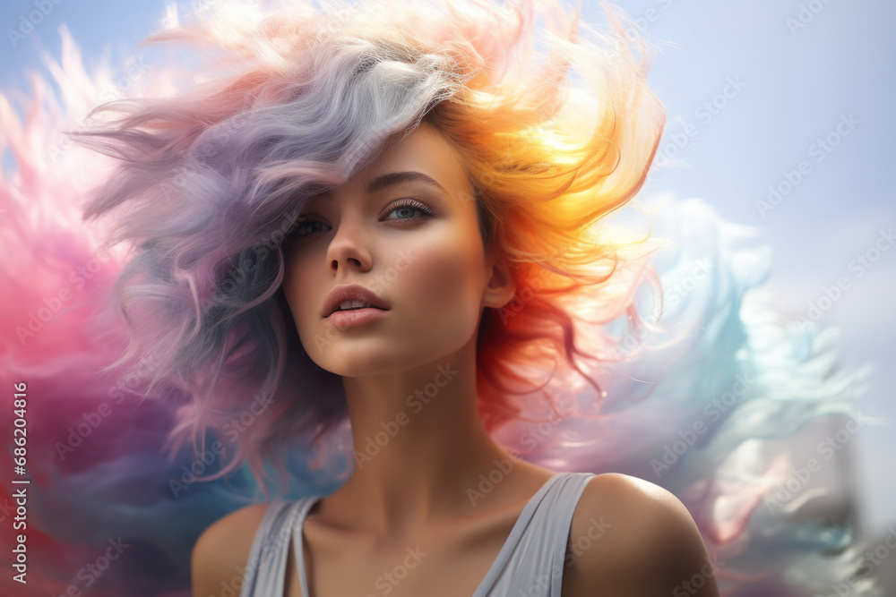 A woman with vibrant, pastel-colored hair, expressing creativity and uniqueness against a complementary background. Concept of self-expression and artistic identity. Generative Ai. A woman with vibrant, pastel-colored hair, expressing creativity and uniqueness against a complementary background. Concept of self-expression and artistic identity. Generative Ai.