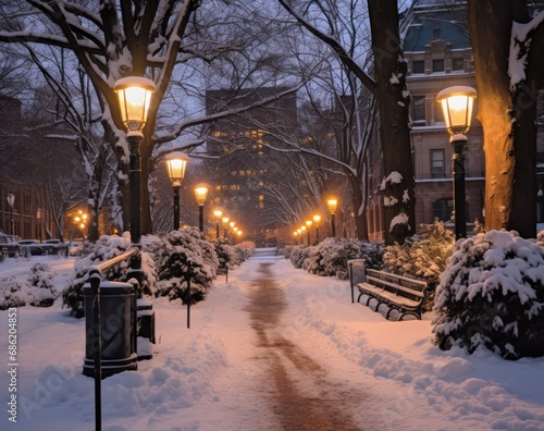 a snow scene where a park is lit up during the winter