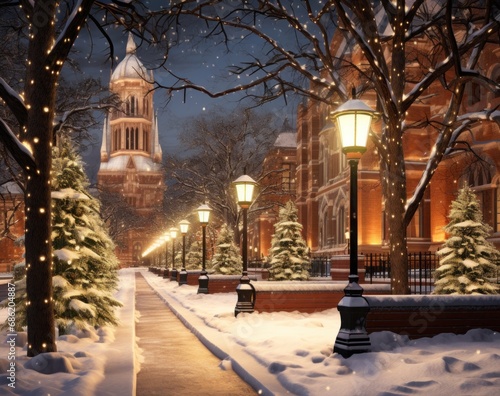 a snow scene where a park is lit up during the winter