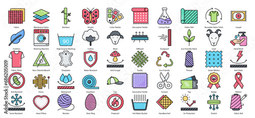 Fabric Filled Line Icons Cotton Textile Fashion Iconset in Colored Outline Style 50 Vector Icons