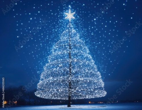 a tree decorated with lights with blue sky and starry lights