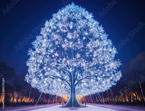a tree decorated with lights with blue sky and starry lights
