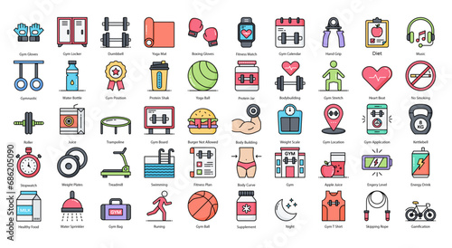 Gym Fitness Colored Line Icons Workout Biceps Muscle Iconset in Filled Outline Style 50 Vector Icons