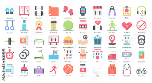 Gym Fitness Flat Icons Workout Biceps Muscle Iconset 50 Vector Icons