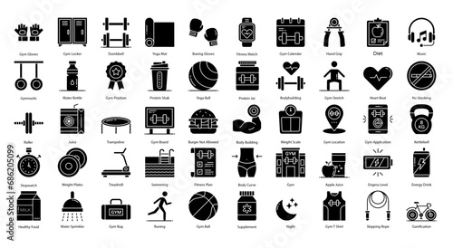 Gym Fitness Glyph Icons Workout Biceps Muscle Iconset 50 Vector Icons in Black 