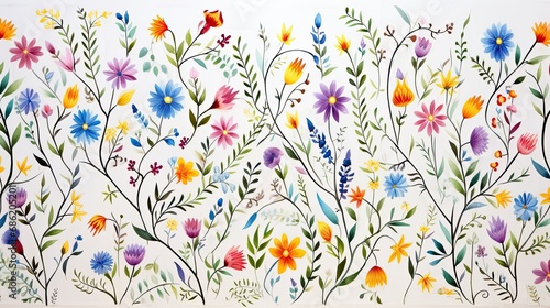 Children's drawing of the pattern of wild flowers in bright colors for walls. Flowers and leaves background, watercolor hand drawn illustration. Ai generative.