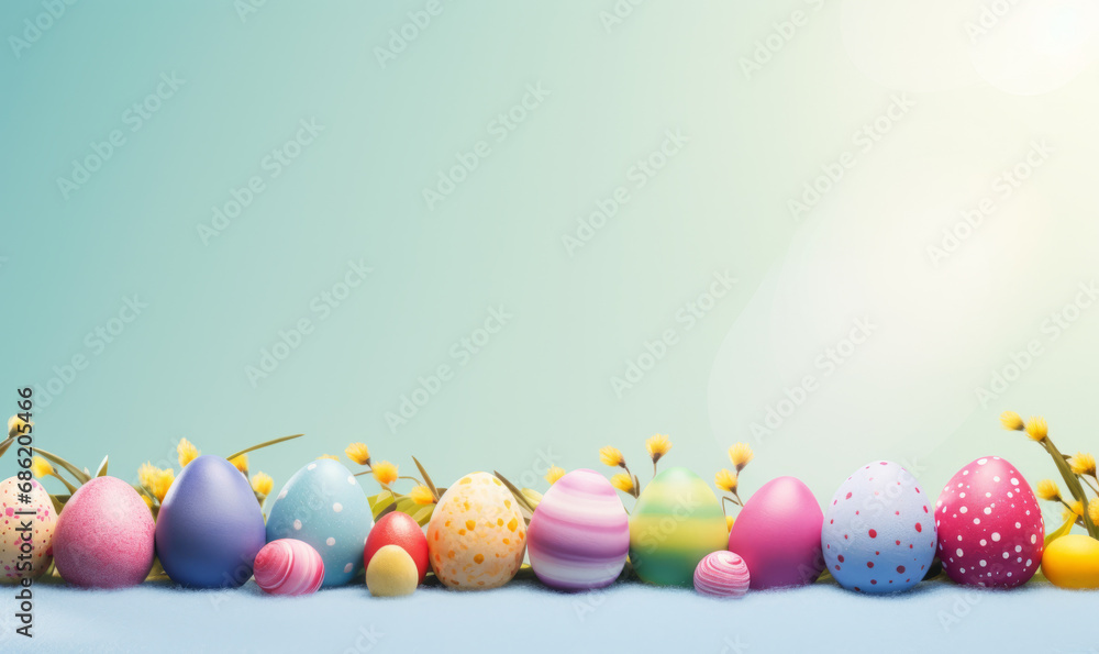 A colorful Easter card with a variety of patterned eggs and spring flowers.