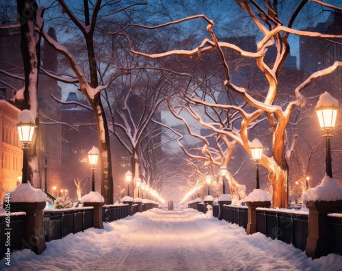 an evening in a snowy park with lighted trees © olegganko