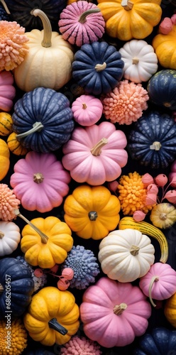 a group of colored pumpkins are sitting near each other