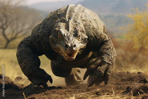 A photographic sequence illustrating the hunting prowess of a Komodo dragon, showcasing the stealthy approach and powerful strike of this apex predator. photo