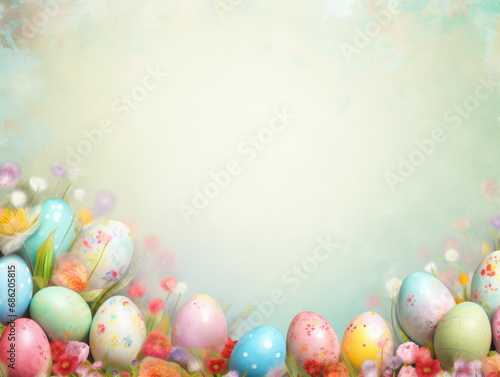 A bright Easter card with eggs along the bottom and a green backdrop.